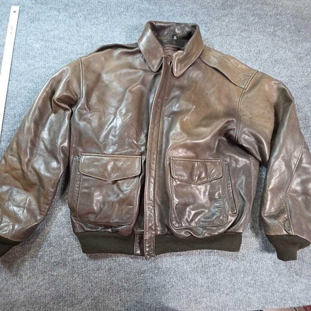 Premier Jacket Mens XL Brown Leather Bomber Full Zip Lined Elastic Waist Korea